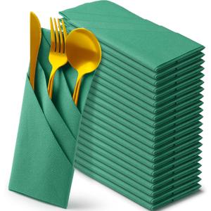 Qilery 50 Pcs Paper Linen Napkins Disposable Airlaid Paper Prefolded Dinner Napkins with Built in Flatware Pocket for Silverware Valentine Wedding Party Christmas Day (Lake Green)