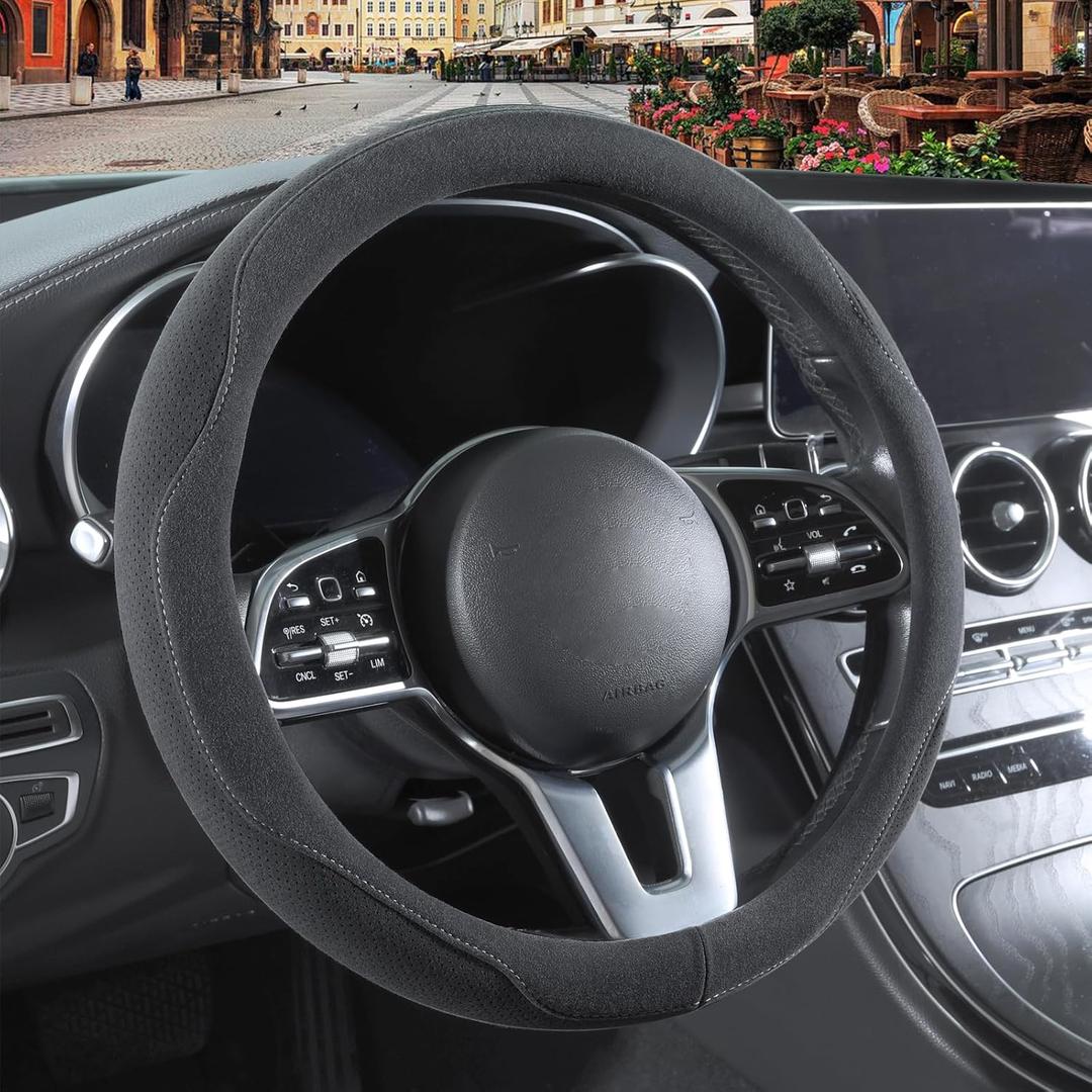Gray Faux Suede Steering Wheel Cover, Breathable Non-Slip Sweat-Proof Wear-Resistant No Pilling, Warm in Winter and Cool in Summer, Universal 15 inch