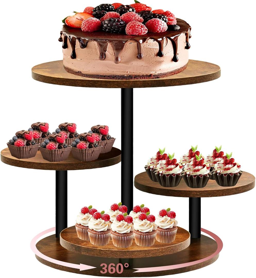 NANXITU 4 Tier Cupcake Tower Stands for 50 Cupcakes,360 Rotatable Round Cup Cake Stand with Tiered Tray,Farmhouse Wooden Dessert Table Display Stands for Wedding Birthday Baby Shower Tea Party