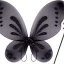 Sratte Fairy Princess Butterfly Wings Girls Kids Butterfly Costumes Set Star Wands Adults Christmas Birthday Party (Black)