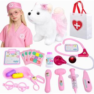 Kids Pet Doctor Kit for Toddlers, 21PCS Kids Doctor Playset with Plush Dog, Medical Toys, Stethoscope, Dress Up Costume, Carrying Bag,Christmas Birthday Gifts for Ages 3 4 5 6 7 8 Year Old Girls (White)
