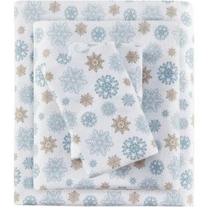 True North by Sleep Philosophy Cozy Flannel Warm 100% Cotton Sheet - Novelty Print Animals Stars Cute Ultra Soft Cold Weather Bedding Set, Twin, Tan/Blue Snowflakes 3 Piece