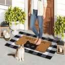 Door Mat Combo Set, 28" x 43" Plaid Mat +17" x 30" Black Cat with Green Eyes Doormat, 2 PCS Welcome Mat Set for Front Door, Entrance, Porch Decor, Non-Slip
