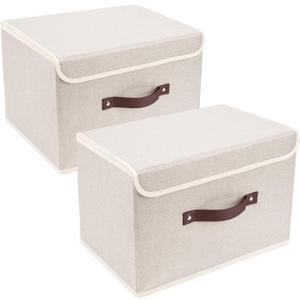 TYEERS Collapsible Storage Boxes, Washable Fabric Storage Bins with Lids, 14.9x9.8x9.8 inches, 2 Pack, Beige