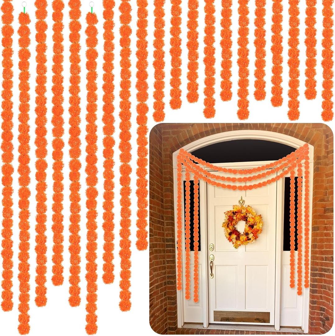Yunsailing 20 Pcs 5 ft Marigold Day of The Dead Garland for Decorations Diwali Day of The Dead Artificial Marigold Flowers Faux Wedding Decorations for Halloween Home Party (Orange)