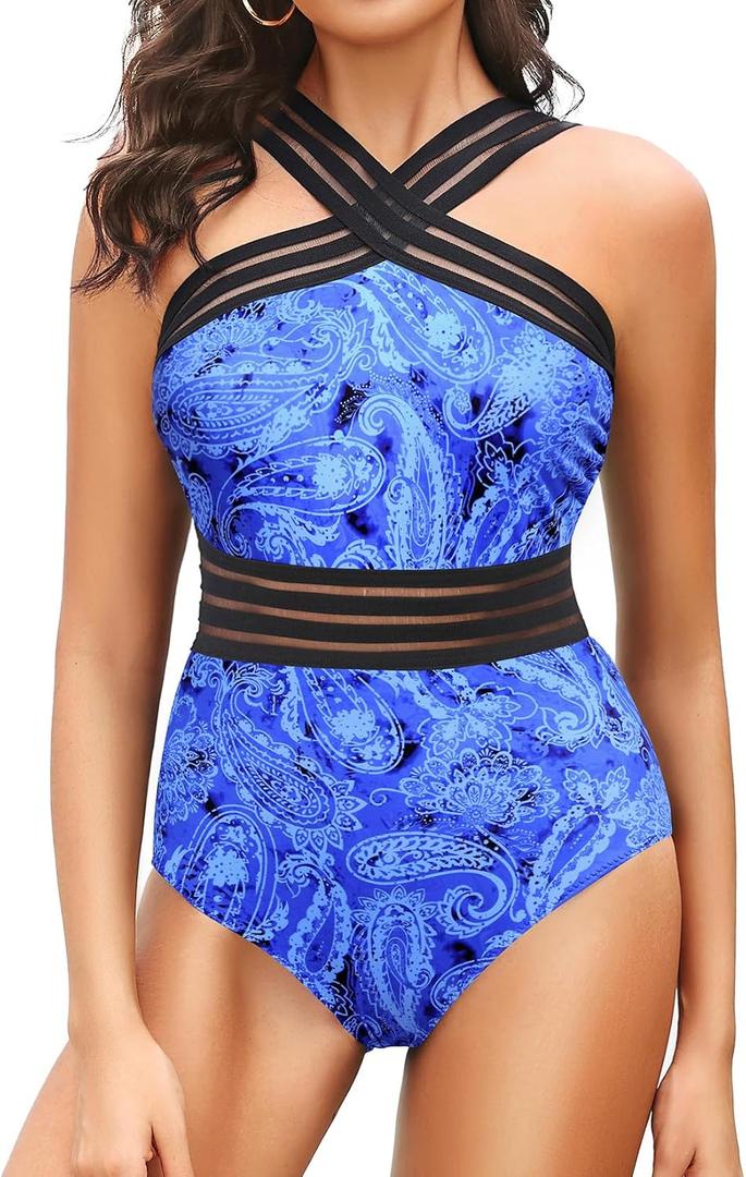 Tempt Me Women Crisscross One Piece Swimsuit | Tummy control, Front crossover, Mesh, Fully lined, Full coverage (Blue, L)