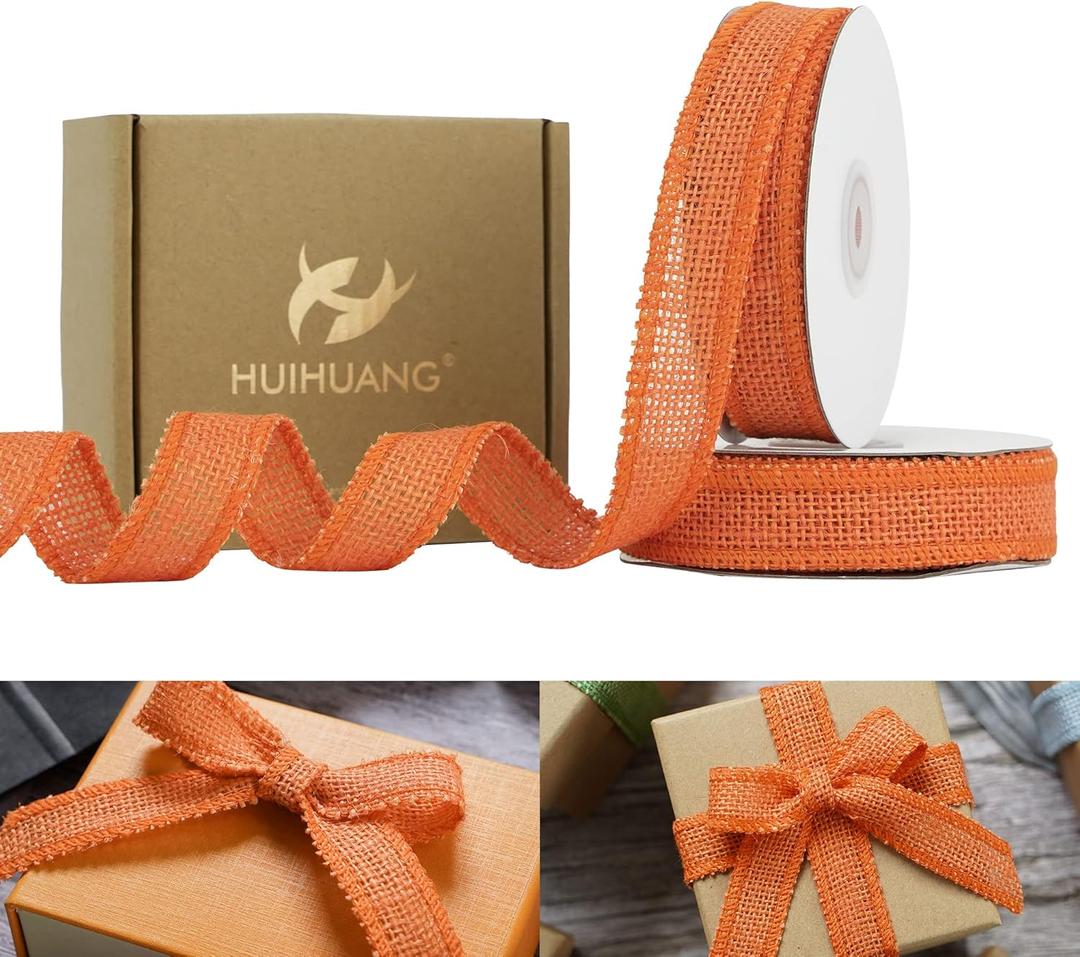 HUIHUANG Orang Burlap Ribbon 1 inch x 20 Yards Natural Jute Ribbon for Gift Wrapping Burlap Fall Ribbons for Crafts Decor Wreaths Bows Rustic Home Wedding Decor Easter Basket Decor (No Wire)