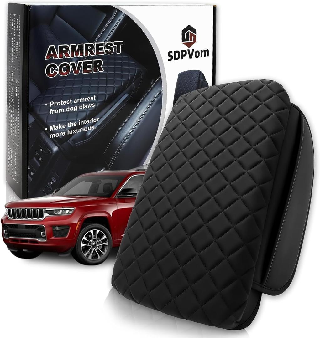 Center Console Cover for 2021-2024 Jeep Grand Cherokee L Armrest Lid Pad with Organizer Pockets, Black Faux Leather Arm Rest Lid Protector Cushion Interior Accessories