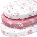 Baby Bassinet Sheets, 3 Pack Fitted Bassinet Mattress Sheets, Compatible with Halo Bassinest Swivel Sleeper & Oval Hourglass Rectangle Mattress, Ultra Soft Pink Rainbow (32 x 16)