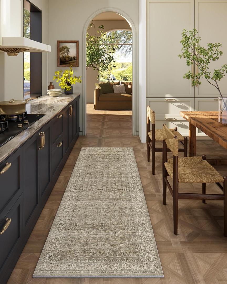 Machine Washable Kitchen Runner Rugs: 2'x 6' Hallway Rug Stain Resistant Non Slip Low Pile Soft Carpet Runners for Hallways Indoor Entryway Kitchen Laundry Room Bedroom Bathroom Farmhouse (Brown Grey Cream)