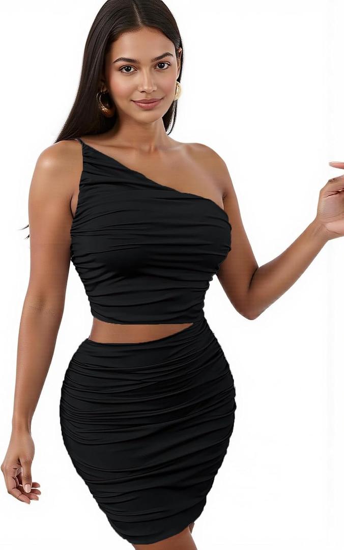 Womens One Shoulder Ruched Cutout Sleeveless Bodycon Dresses Slant Shoulder Stretch Cocktail Party Mini Dresses (Black, S)