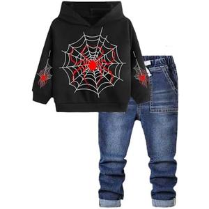 Boys Pullover Hoodie and Denim Jeans Outfits Set -2 Piece Spider Web Sweatshirt and Pants for Kids 9-10Y (51-54 IN), Black