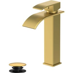 Rywuanku Tall Brushed Gold Bathroom Faucet Waterfall Spout, Single Handle Sink Faucet with Pop-up Drain & Deck Plate, Modern 1 Hole Vanity Faucet for Vessel Sink