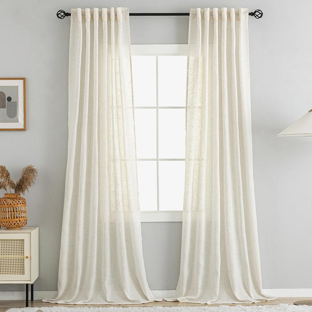 VOILYBIRD Natural Thick Linen Curtains 63 Inches Long for Kitchen Room, Rustic Farmhouse Drapes Light Filtering Semi Sheer 2 Panels, Back Tab & Rod Pocket, 52x63