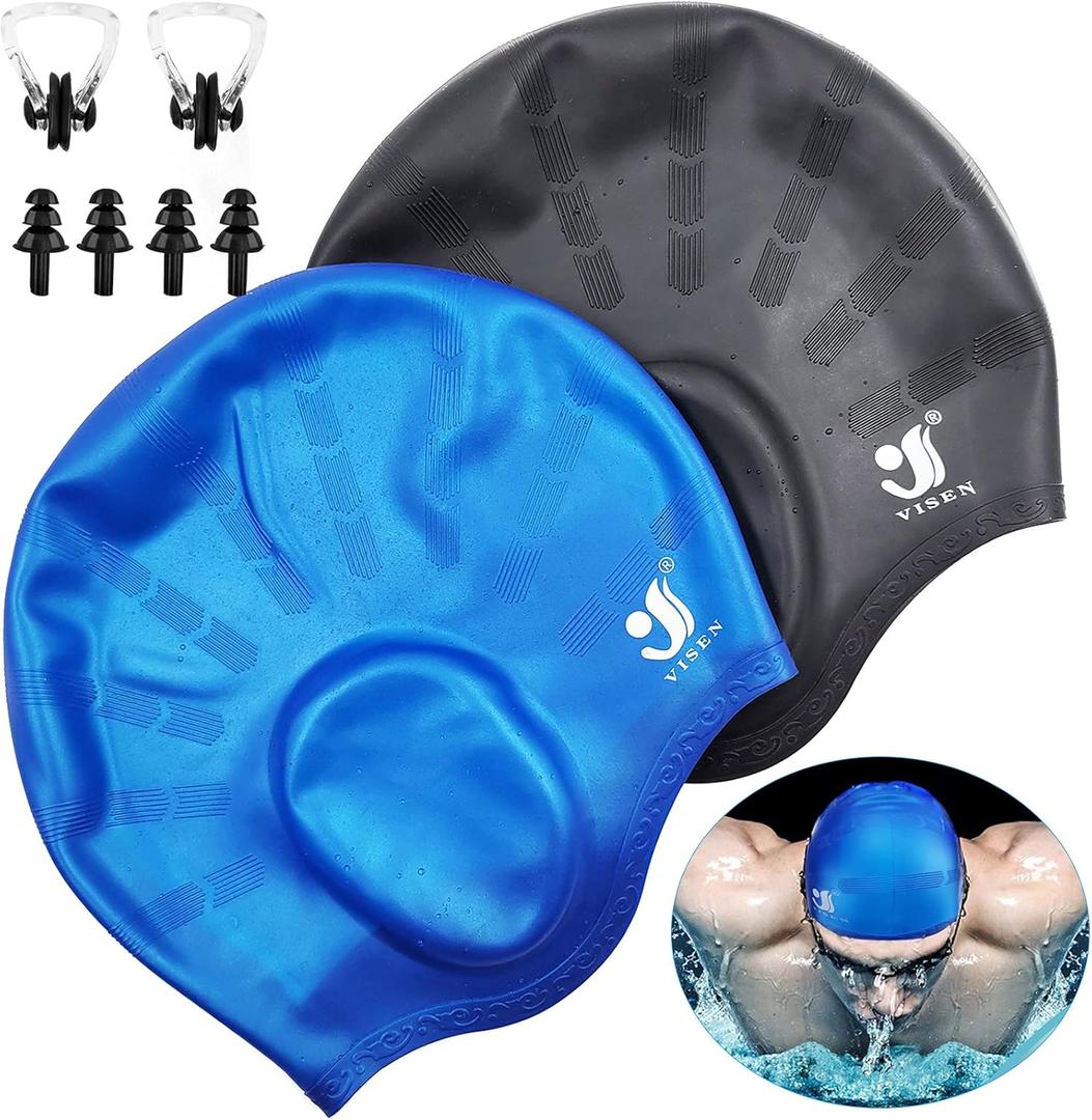 Unisex Swim Caps Ear Protection,2 Pack Silicone Swimming Caps for Short/Long Hair with Ear Plugs&Nose Clip,Waterproof Flexible Swimming Hat for Women Men Adults Kids,Easy to Put On and Off,Black+Blue