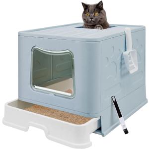 XL Foldable Cat Litter Box with Lid - Jumbo Enclosed Potty - Top Entry Anti-Splashing Toilet - Includes Scoop & 2-in-1 Cleaning Brush (Blue)