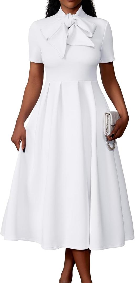 Memoriesea Women's Elegant Casual Short Sleeve Work Party A-Line Dress with Pockets (White)