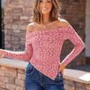 ZESICA Women's Fall Floral Off Shoulder Tops 2025 Mesh Long Sleeve Shirts Asymmetrical Ruched Tee Blouses Trendy Outfits (Pink, XL)