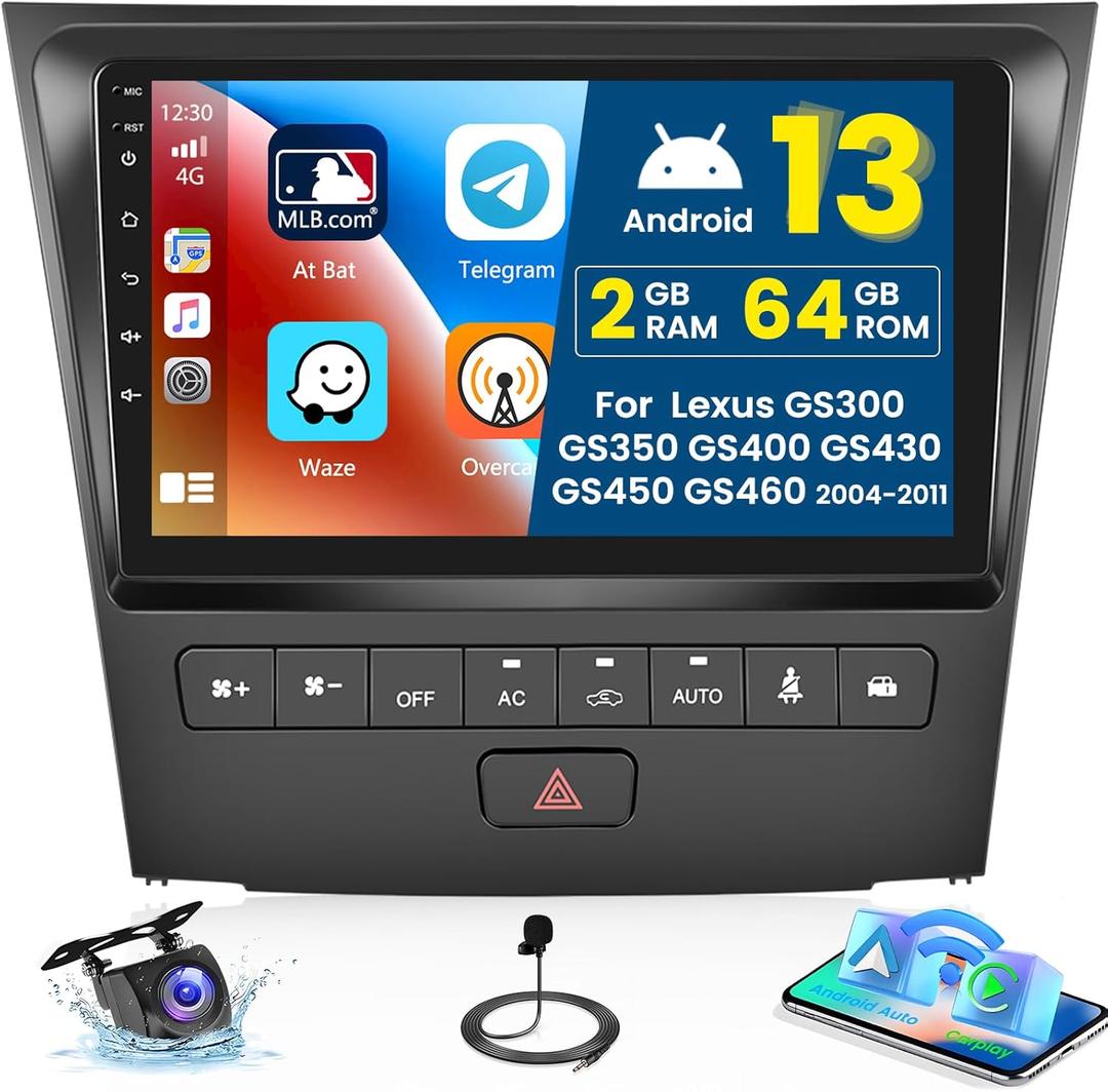 2+64G Android 13 CarPlay Car Stereo Radio for 2004-2011 Lexus GS300 GS350 GS400 GS430 GS450 GS460, 9'' HD Touch Screen Android Auto, AHD Backup Camera, Mirror Link, GPS, WiFi, FM RDS