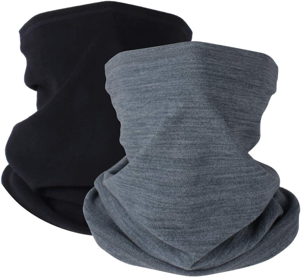 KGC 2 Pack Winter Neck Warmer Gaiter Fleece Windproof Face Mask Cover Cold Weather Scarf for Men & Women (Black+grey)