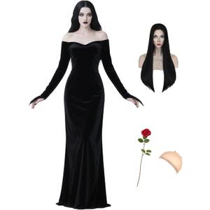 Halloween Costume for Women Black Gothic Dress Costume with Wig Red Rose Cute Soft Black Dress for Cospaly Costume (Black, XXL)