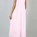 Women's Ruched Scoop Neck Sleeveless Maxi Dress Wide Pleated Strap Midi Dress Solid Loose Long Dresses with Pockets (Pink, M)