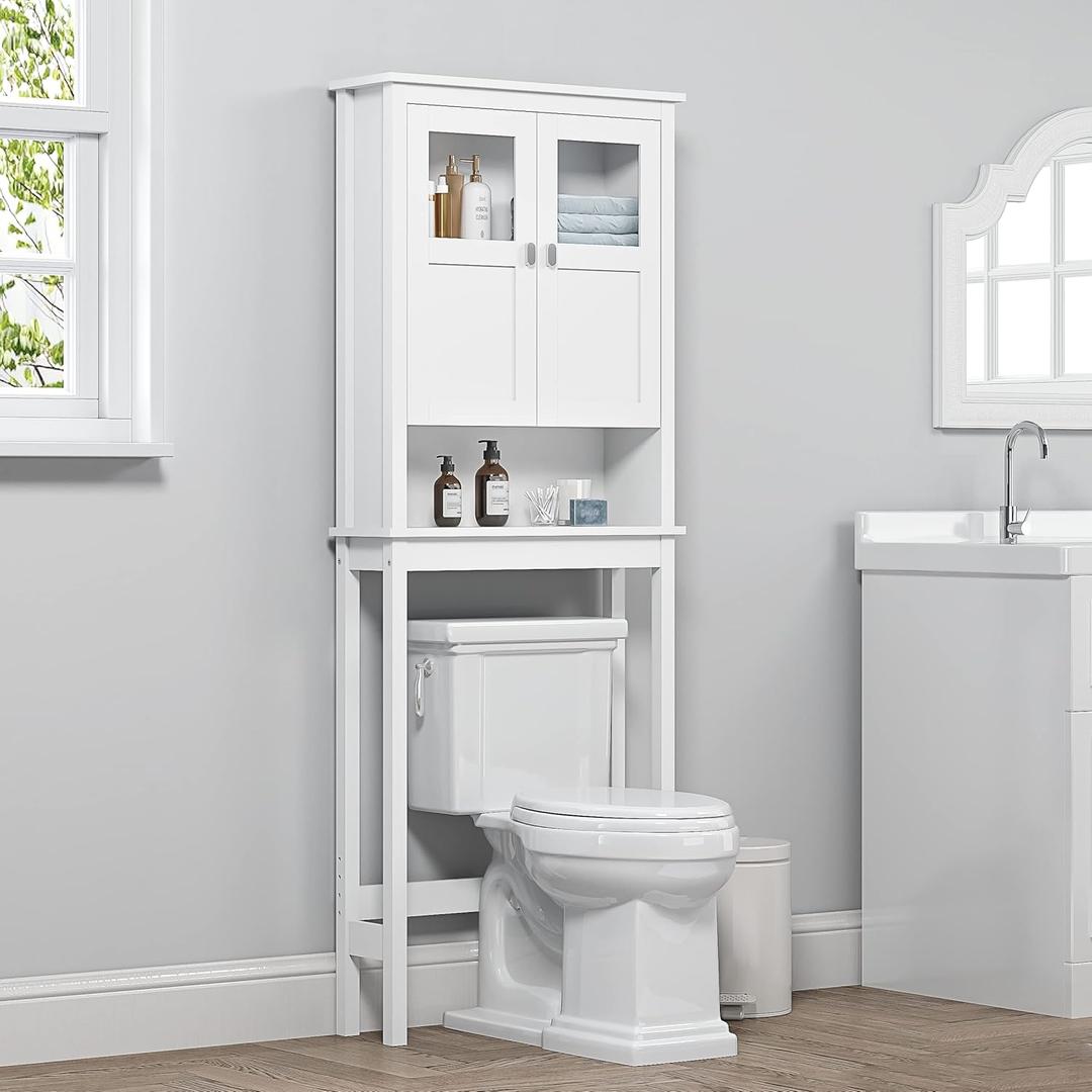 Spirich Bathroom Cabinet Over Toilet, Bathroom Storage Cabinet with Glass Doors and Adjustable Shelves, Over The Toilet Storage Cabinet, White, 25.59 x 7.8 x 66.93