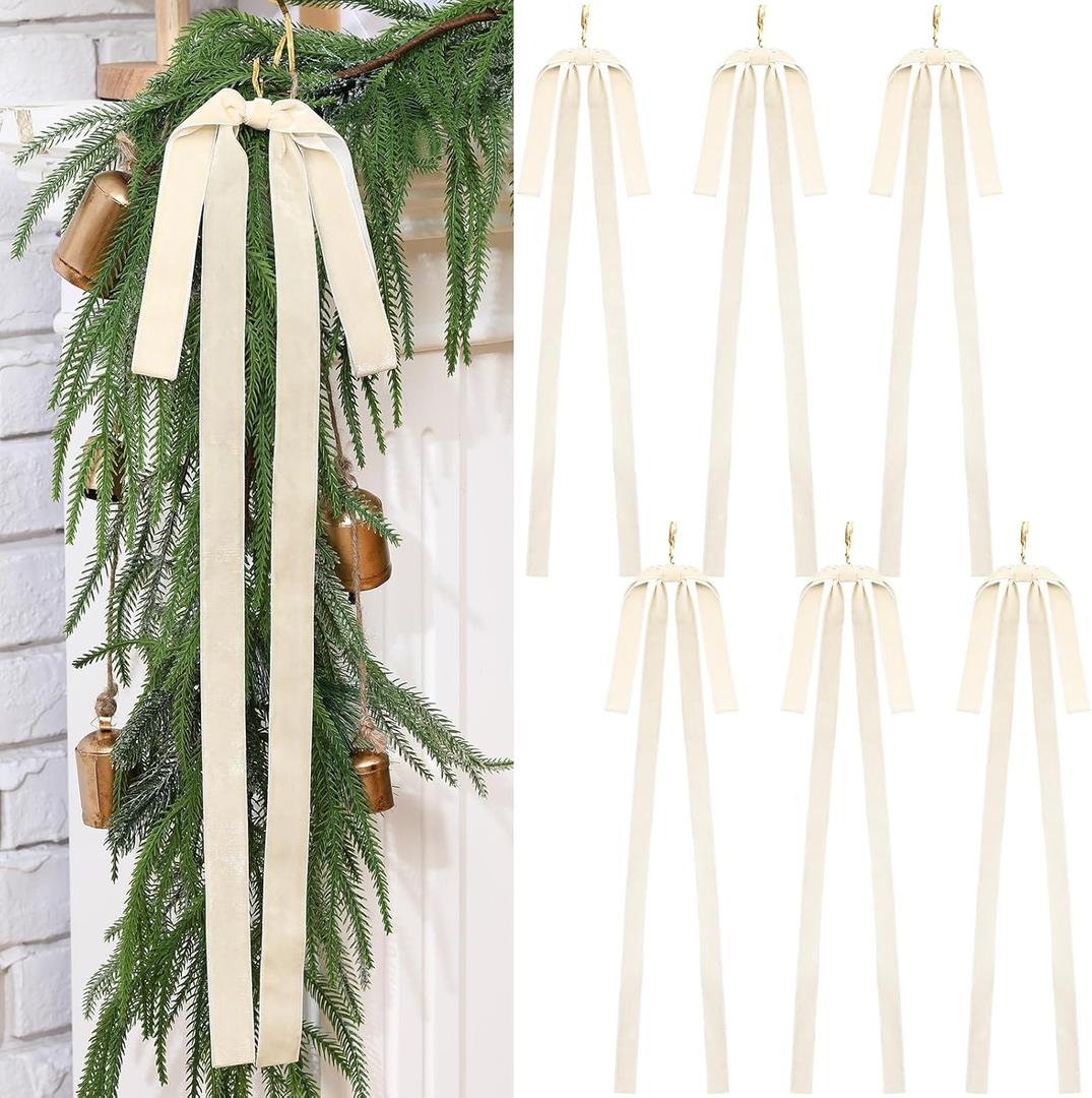 Janinka 6 Pcs Beige Velvet Ribbon Bows Christmas Tree Decorations 23.5x15.5 Inch Cream Rustic Neutral Large Velvet Vintage Christmas Swag Ornaments Staircase Wreath Bows Tree Topper Bow