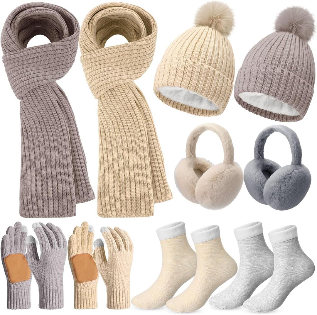 Cutecrop 10 Pcs Winter Hat Scarf Gloves Earmuffs Socks for Women Men Skiing Snowboarding Snow Shoveling Outdoor Warmth