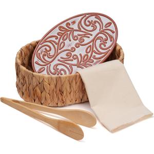Bread Warmer Basket with Stone - Includes Linen Towel and Clips,Bread Baskets for Serving Tortilla,Sourdough,Terracotta Loaf Warmer Gifts for Hostess Gifts New Home,Sourdough Bakers,Mom Dad Birthday