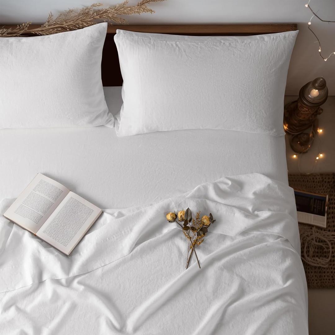 LBR02M 100% Linen Sheet Set King Size, Bed Sheets 4 Piece Sets, Solid Color Natural Flax Bed Sheets Soft Breathable Bedding, 16" Deep Pocket, All Season (King, White)