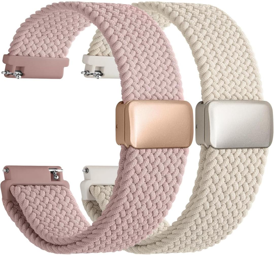 Fullmosa Magnetic Braided Watch Bands - 18mm 20mm 22mm Quick Release Watch Strap, Stretchy Nylon Solo Loop Compatible with Garmin Samsung Galaxy Amazfit for Men Women(22mm, Starlight+Muted Pink)