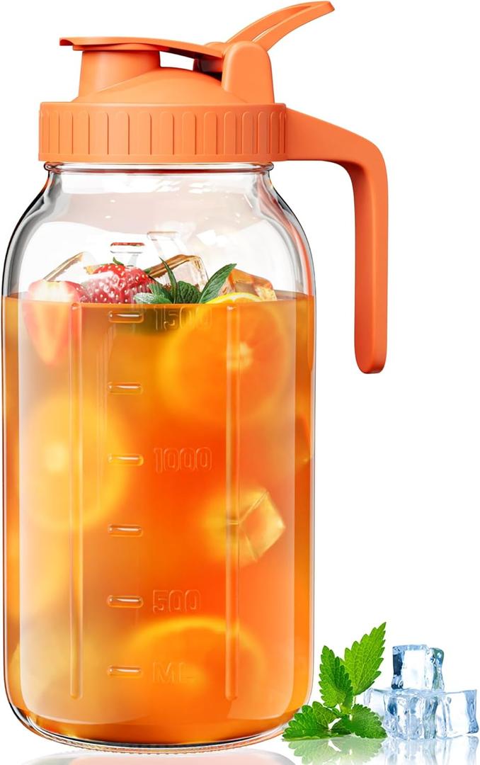 Glass Pitcher with Airtight Lid and Spout, 64oz Glass Mason Jar | Wide Mouth | Leakproof | Water Jug for Juice, Sun Iced Tea, Cold Brew Coffee, Milk Storage, Orange