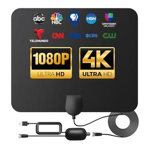 TV Antenna Indoor Long Range, Supports 4K 1080p Smart TV Signal Reception with Signal Amplifier 16ft HDTV Coax Cable