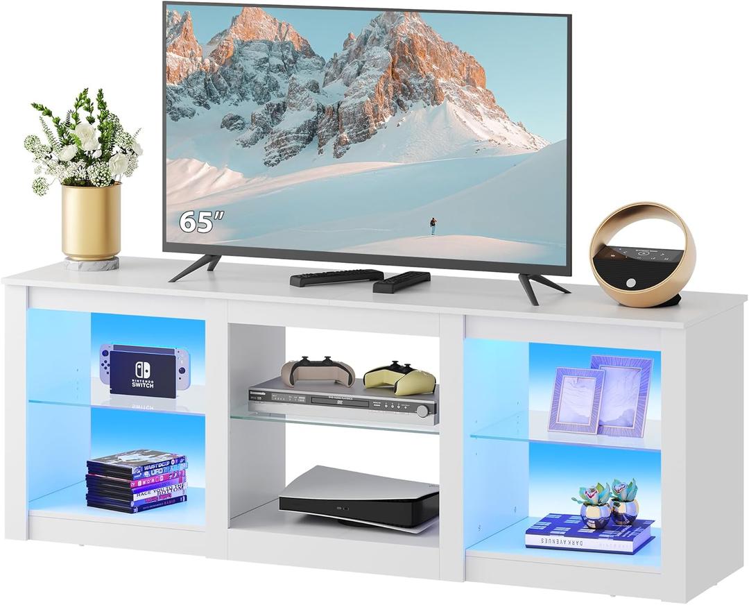 WLIVE LED TV Stand for 65-Inch TV, 58-Inch Entertainment Center with Adjustable Glass Shelves, Modern Media Console for Living Room & Bedroom, White