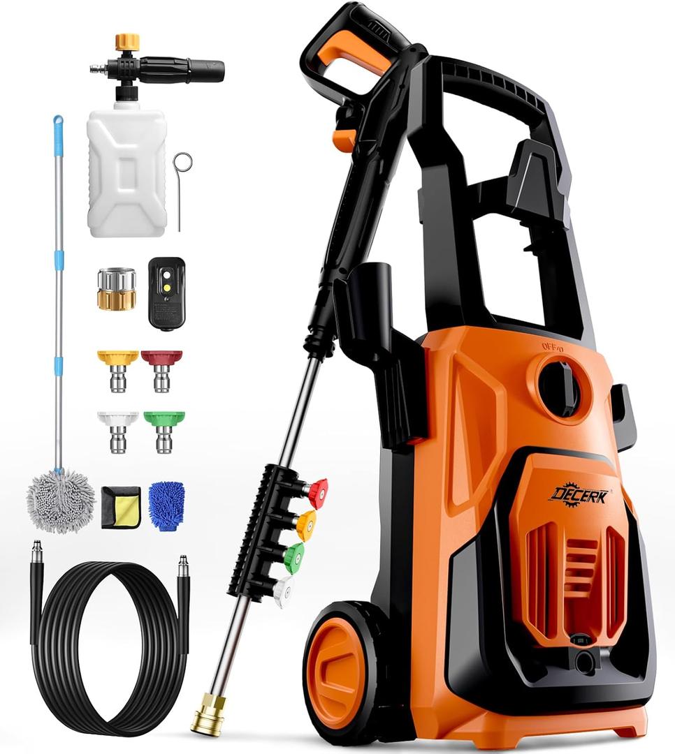 Electric Pressure Washer - DECERK Power Washer with 55 FT Total Length, 5000 PSI Max 1.45 GPM, 4 Nozzles & Foam Cannon, Small Powerwasher Cleaner for Cars Fences Driveway Patios Garden