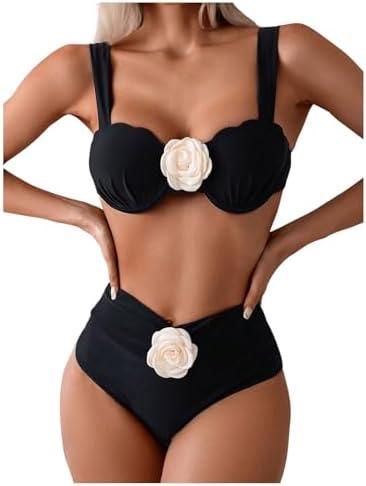 Floerns Women's 3D Flower Push Up Bikini Set High Waisted 2 Piece Bathing Suit, Size: L