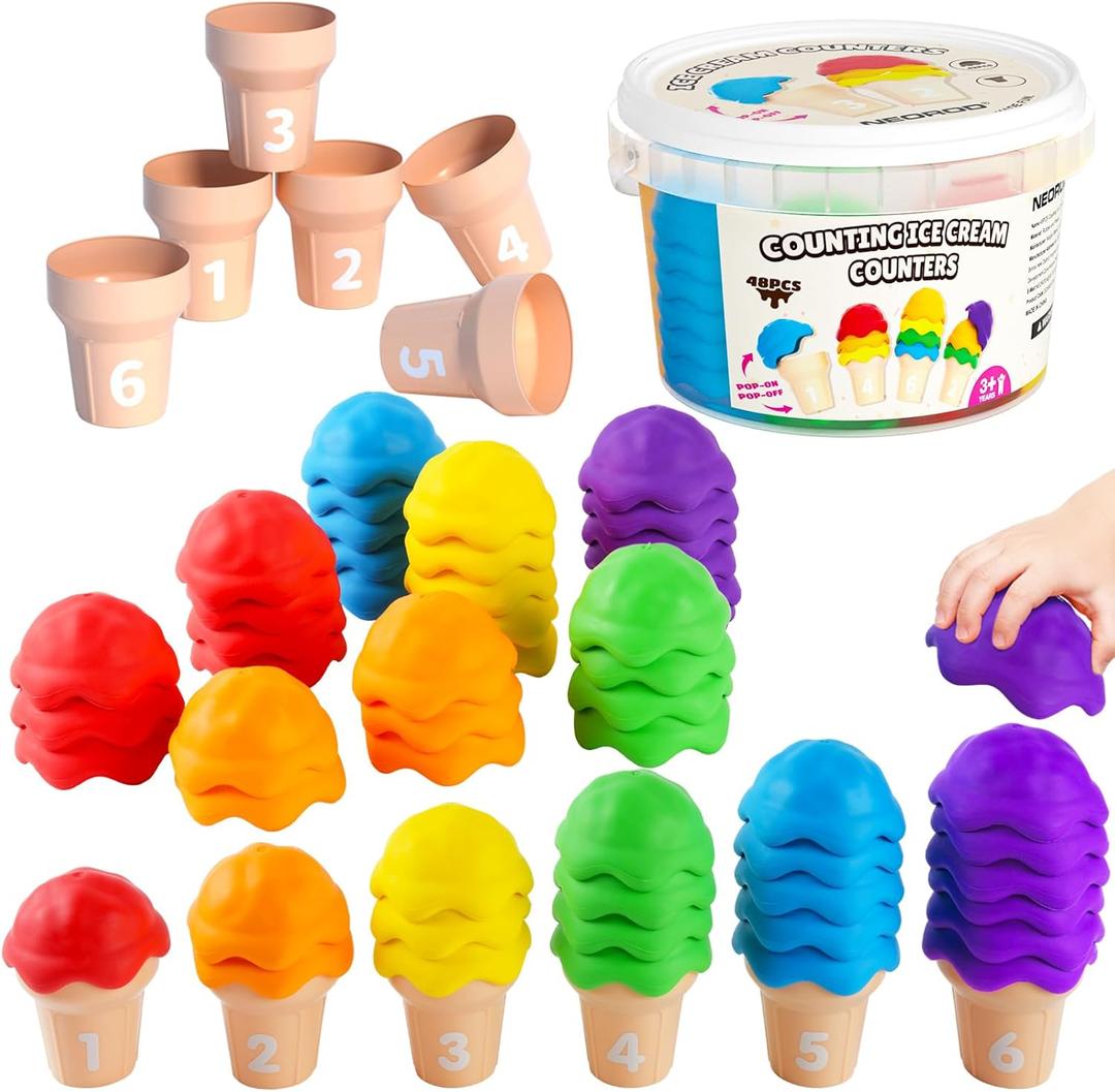 NEOROD Ice Cream Counting Toys for Toddlers 3-5  Montessori Preschool Learning Set with 42 Scoops & 6 Cones | Color Sorting & Fine Motor Skills Stacker | Educational Math Game & Sensory Toys for Kids