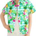 Boys Girl Hawaiian Shirt Tropical Button Down Blouse Summer Casual Beach Shirt Short Sleeve Top Size 5-27 Years Green