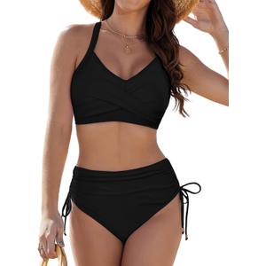 Womens Two Piece High Waisted Bikini Sets Crisscross Tie Back Bathing Suit Drawstring Tummy Control Swimsuits (Large, Black)