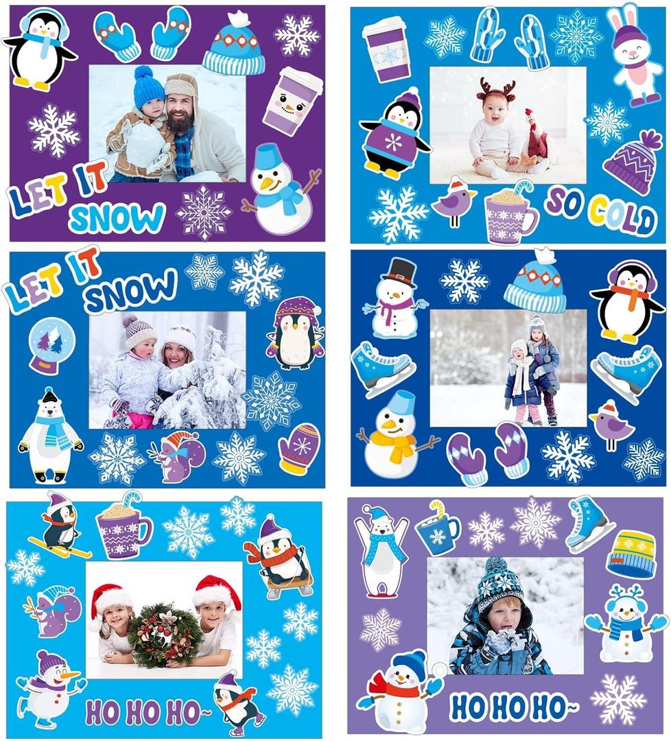 30 Packs Winter Craft Kits for Kids, Holiday DIY Picture Frame Craft Snowflake Penguin Polar Bear Art Party Favor Home Classroom Game Activities