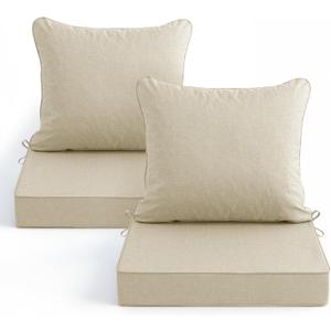 Summsun Patio Chair Cushions Set of 2, Faux Linen Outdoor Furniture Cushions, Water Resistant Backrest and Deep Seat Cushion Set with Straps, Removable Cover, Non-Slip Bottom, 22 x 22 Inch, Beige