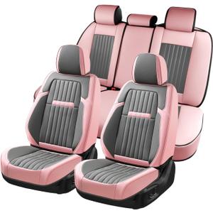 Coverado Car Seat Covers Full Set, Nappa Leather Seat Covers for Cars, Waterproof Car Seat Covers Front Seats and Back, Automotive Car Seat Protector Car Seat Cushion Fit for Most Cars (Pink&Grey)