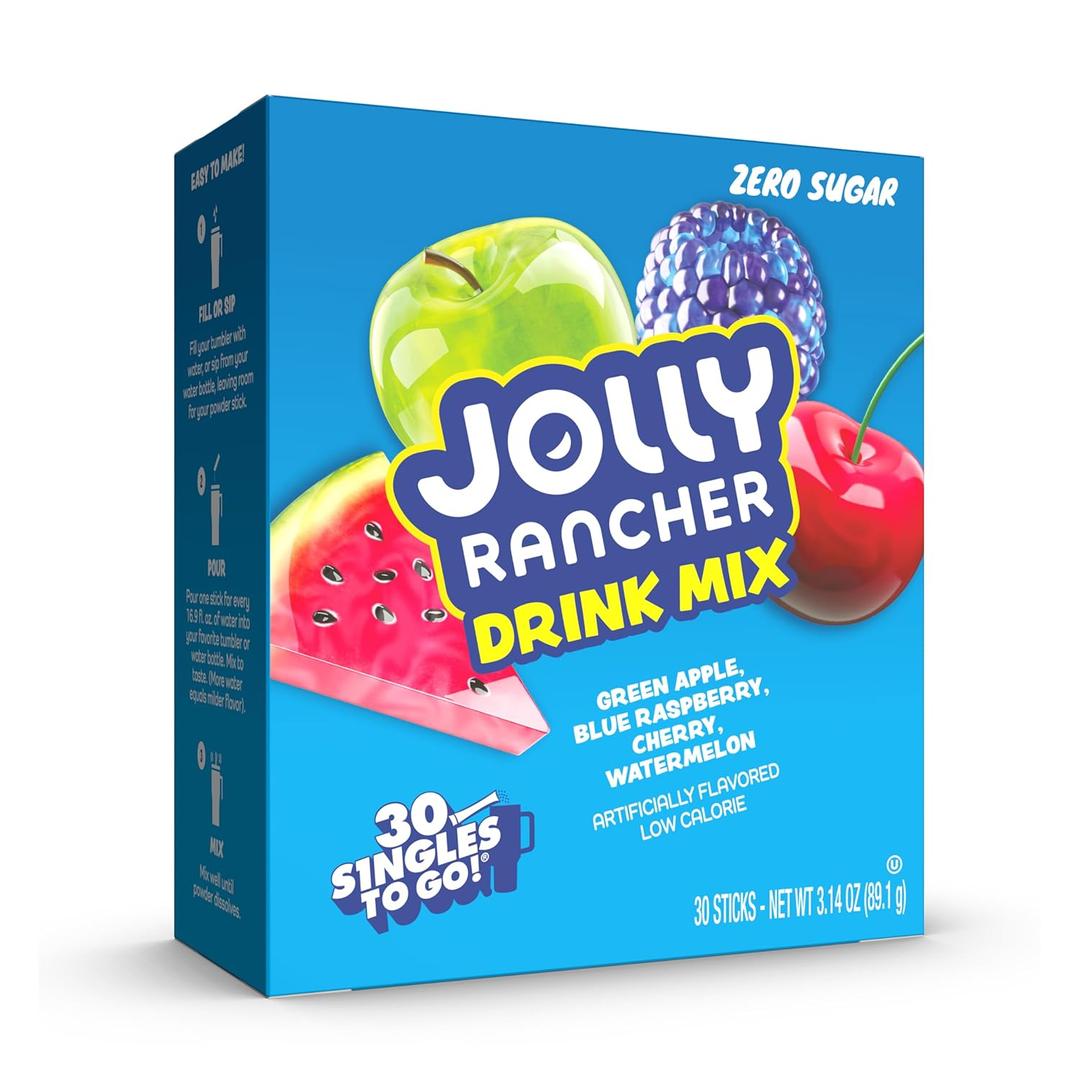 Jolly Rancher Singles To Go Variety Pack, Powdered Drink Mix, Zero Sugar, Low Calorie, Includes 4 Flavors: Green Apple, Blue Raspberry, Cherry, Watermelon, 1 Box (30 Single Servings) (BB: December 2027)