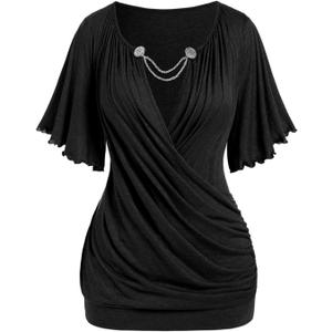 ROSE GAL Plus Size Lettuce Ruched Chain Embellished Plunging Blouson Tee (Black), M
