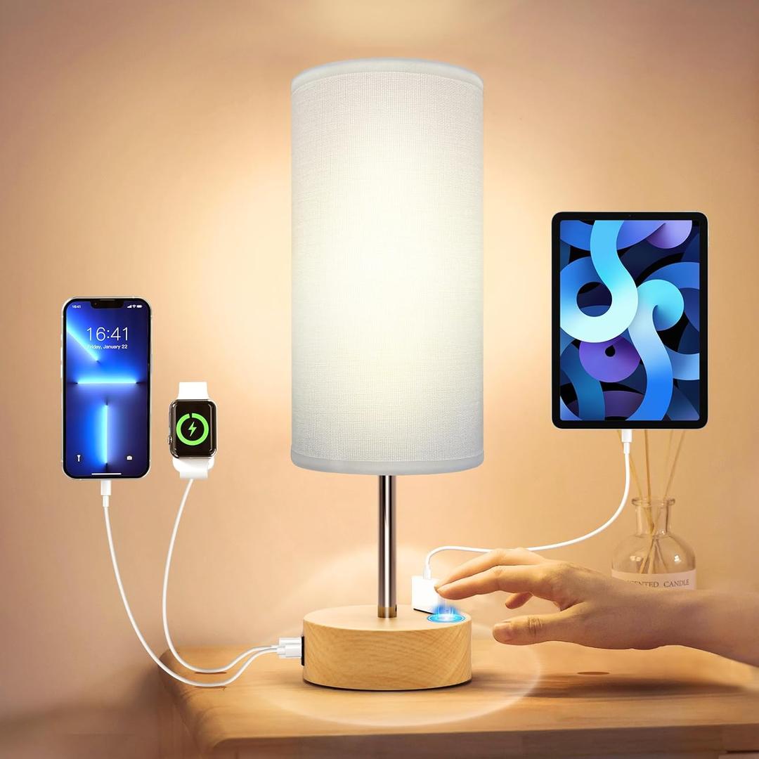 KPQ Bedside Lamp Touch Control Table Lamp with USB A+C Charging Ports & AC Outlet 3-Way Dimmable Nightstand Lamp with Linen Fabric Shade for Bedroom Living Room, Bulb Not Included 