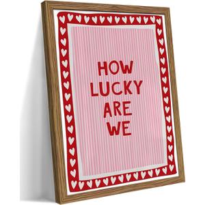 Framed How Lucky Are We Wall Art, Vintage Pink Inspirational Canvas Wall Decor Painting, Trendy Preppy Stripe Romantic Quotes Posters Prints Pictures for Bedroom Dorm Valentine Gift 12x16 Inch