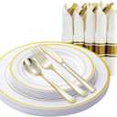 Gold & Silver Disposable Dinnerware w/ Rolled Napkins - Heavy Duty Plastic Plates & Cutlery (72 pcs, 12 Guests)