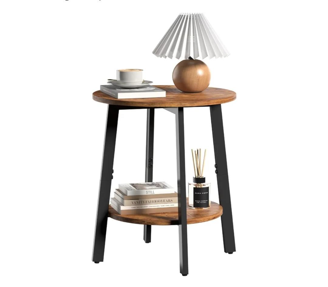 sthmec Side Table, Small Round End Table with Storage Shelf for Small Space, 2Tier Bedside Table Sofa Couch Table, Round Accent Table Nigh stands for Living Room, Bedroom, Rustic Brown