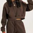 Tanming Women 2 Piece Outfits Sweatsuit Crop Fleece Lounge Set (Brown, S)